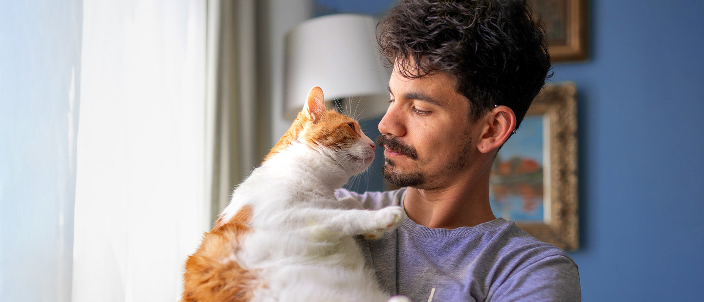man holding ginger and white cat