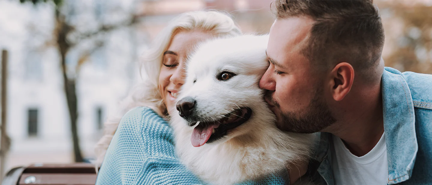 Happy white dog with couple
